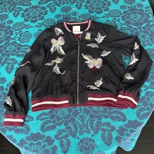 Anthropologie Elevensies M Embroidered Bomber Jacket Black Purple Floral Spring
